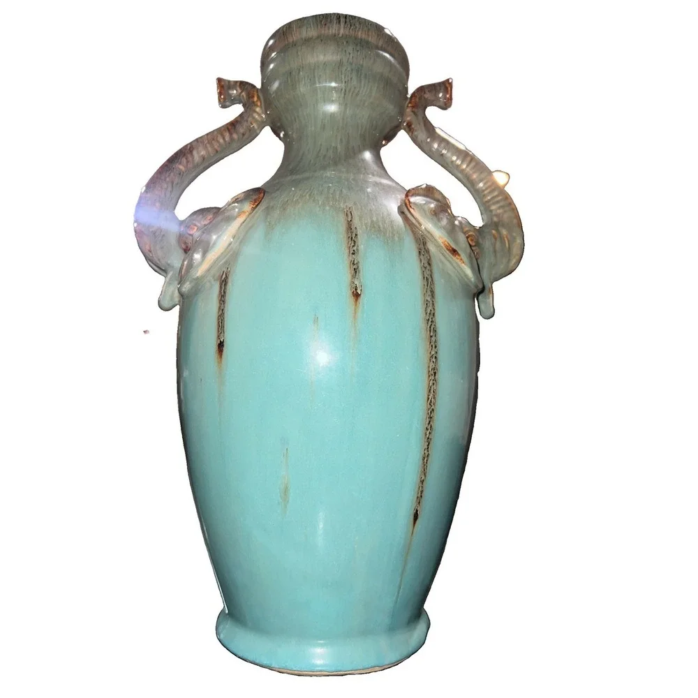 15/ Vintage Ceramic Large Drip Glaze Vase Double Elephant Head Handles Turquoise